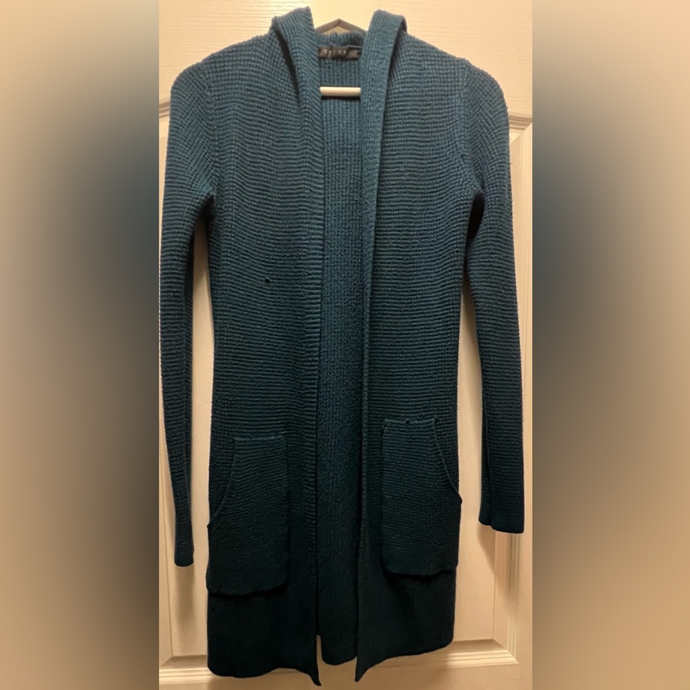 Cyrus teal long hooded cardigan